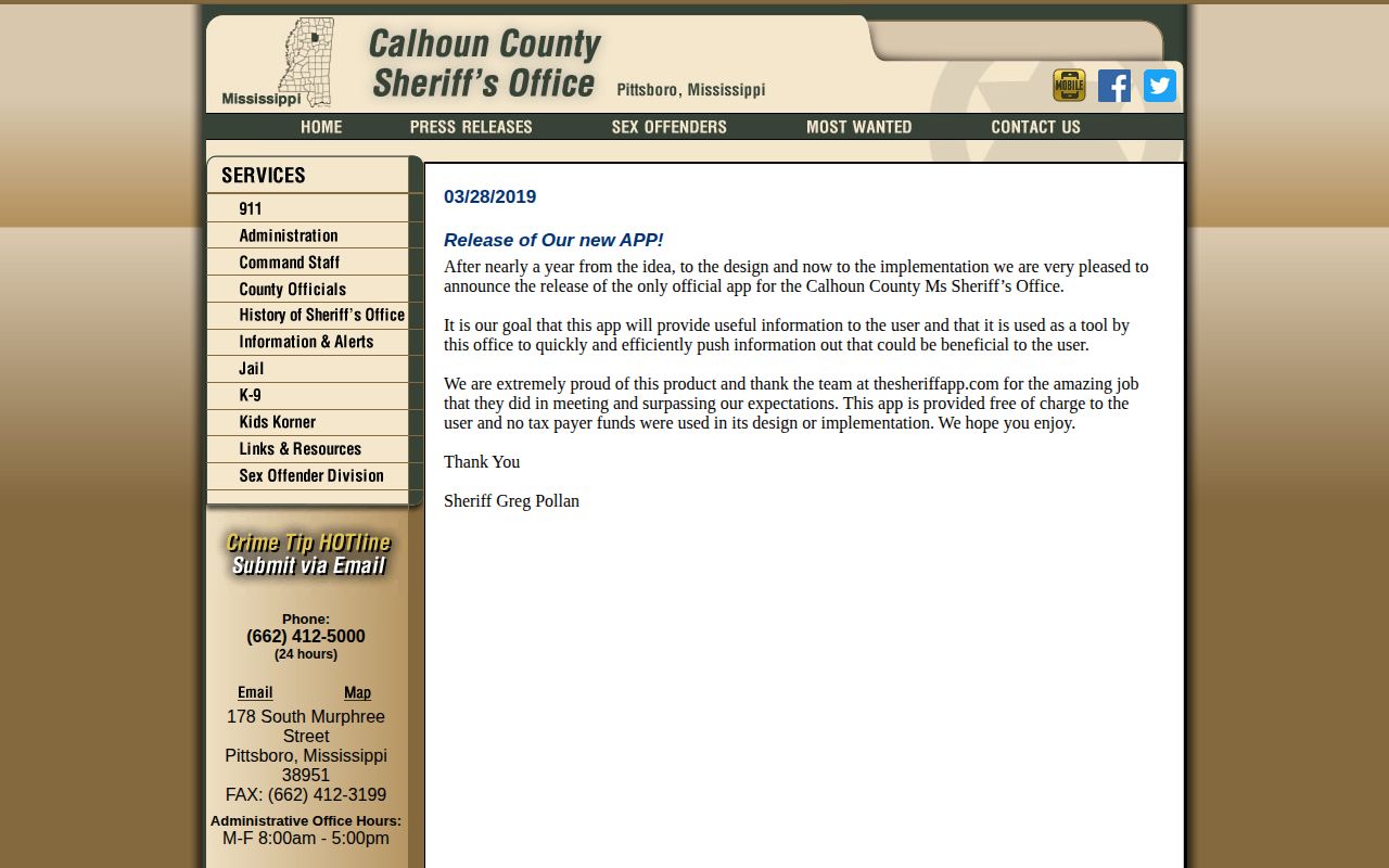 Calhoun County sheriff app announcement related to release information
